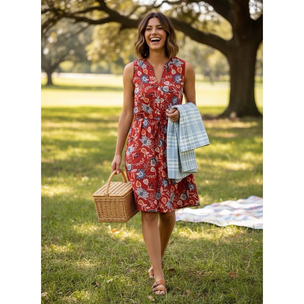 St. John's Bay July 4th Picnic Paisley Red Sleeveless Dress Medium .0218